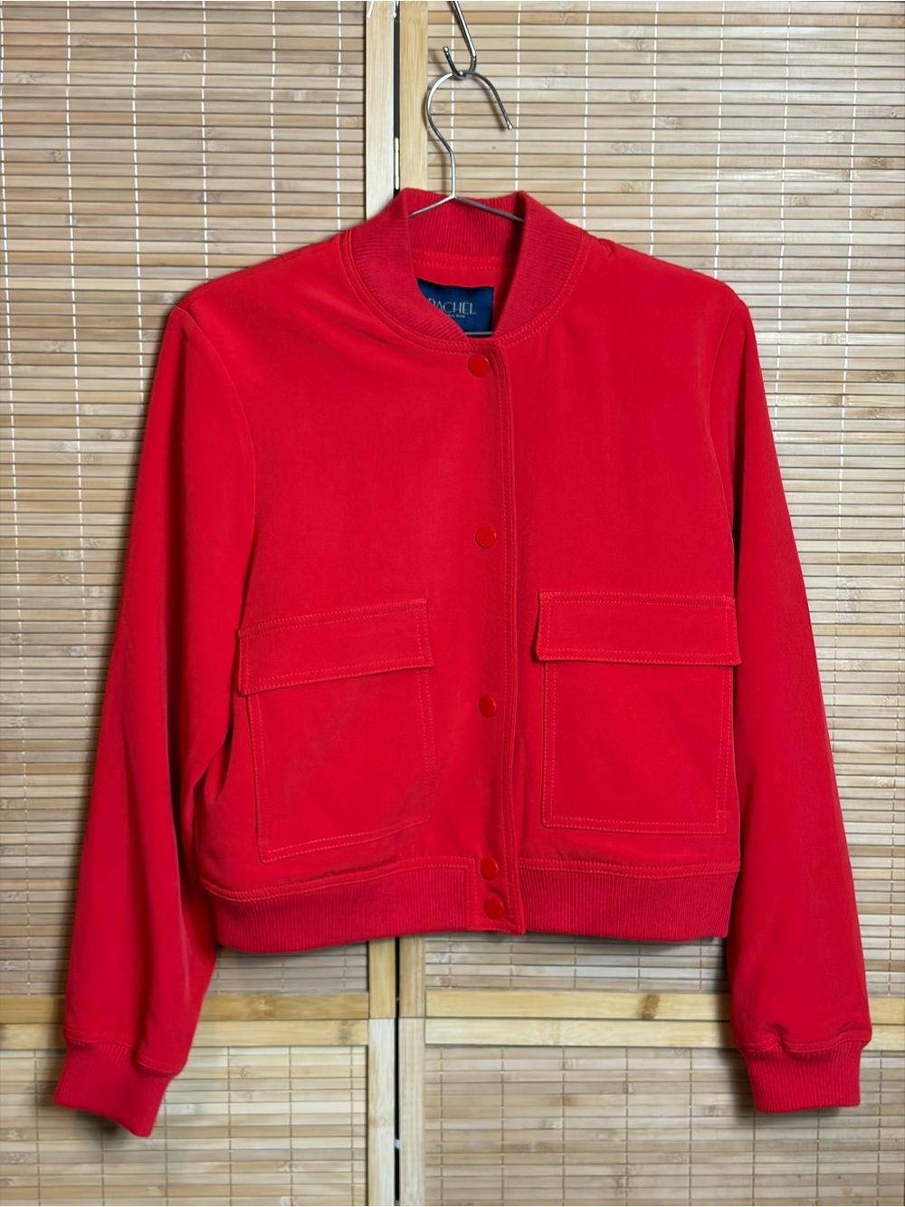 Red Bomber Jacket with Front Flap Pockets S Business Professional